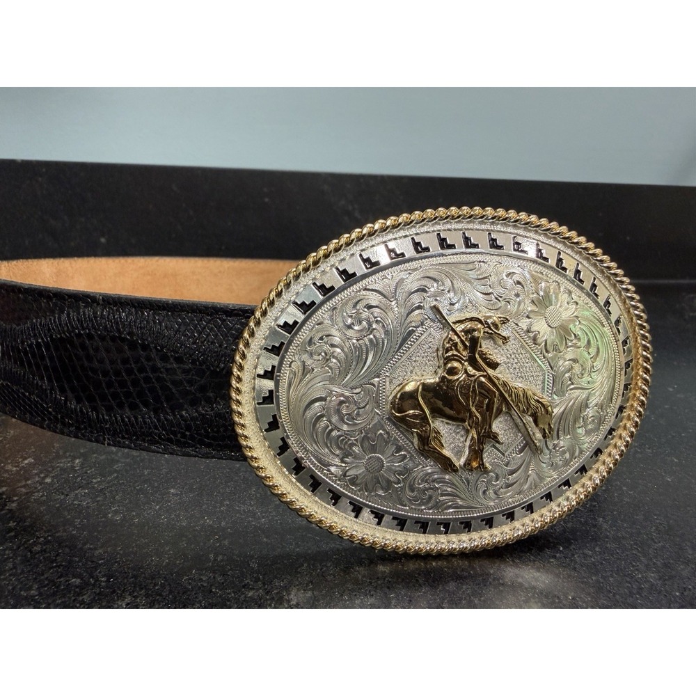 Nocona Genuine Lizard Belt Size 32 w/ Montana Silversmiths Bronc Rider Buckle - Picture 2 of 13